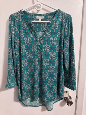Dana Buchman Teal Floral V-Neck Tunic